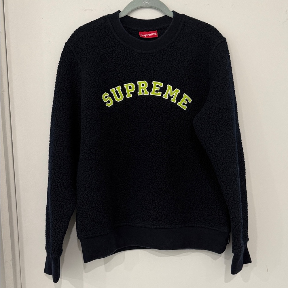 Supreme NAVY Sherpa Crewneck with Neon Yellow Arch Logo